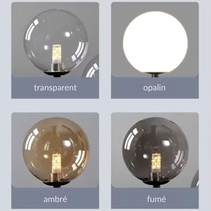 Variantes de verre pour suspension design : globe transparent, opalin, ambré et fumé, offrant différents styles lumineux pour personnaliser l’éclairage.