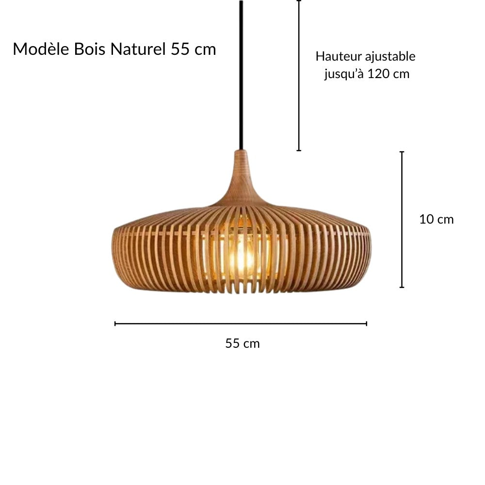 Illustration technique de la lampe suspendue en lattes de bois avec indications de hauteur.