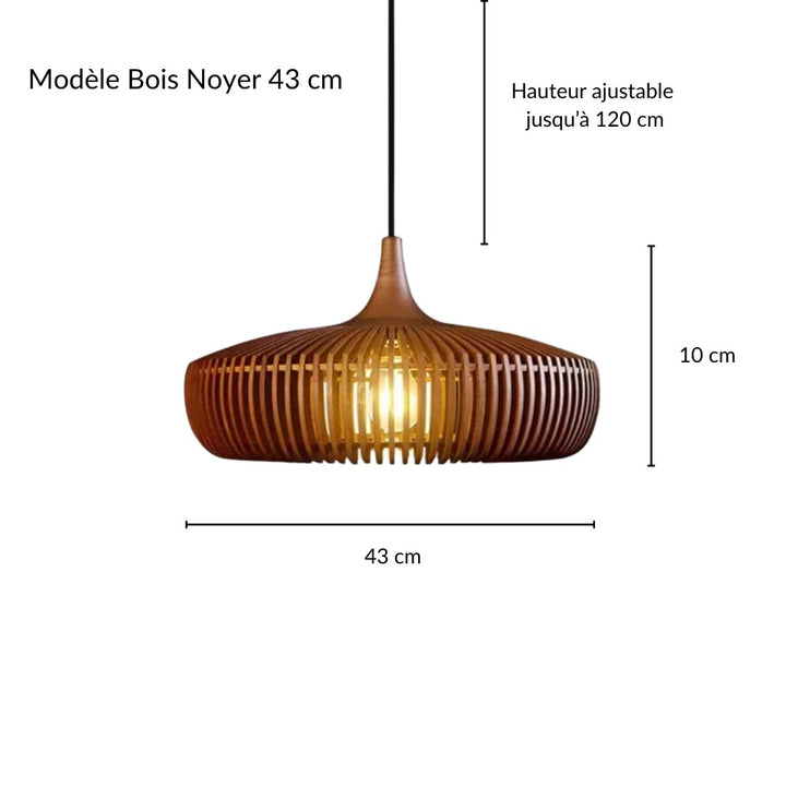 Vue de face sur fond blanc de la suspension ronde en bois naturel