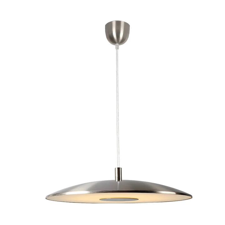 Vue complète de la suspension disque design sur fond neutre avec son pavillon de plafond assorti.