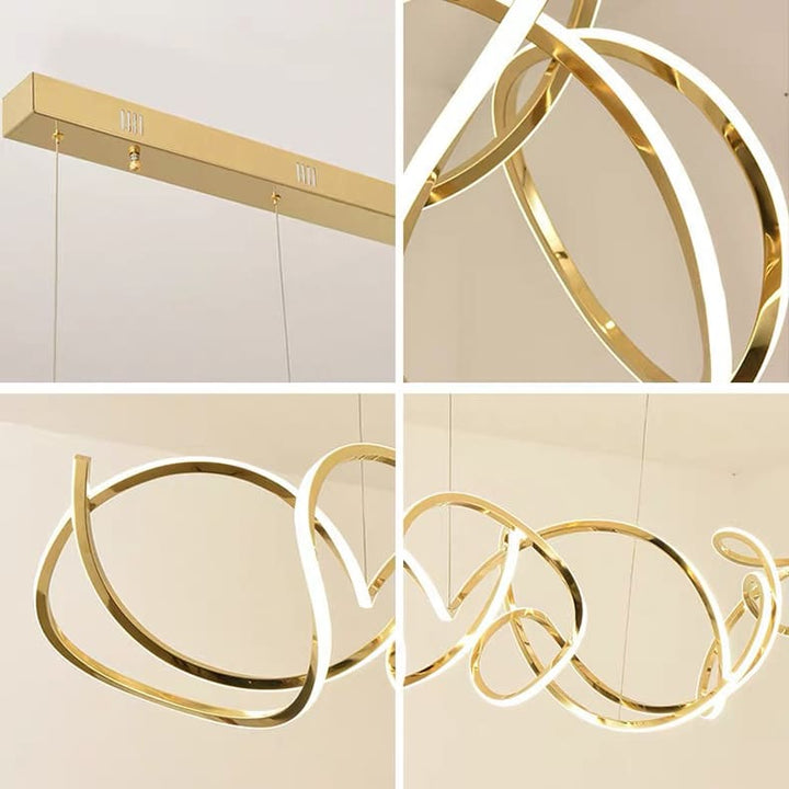 Gros plan sur les finitions dorées et la structure en relief de la suspension lumineuse LED.